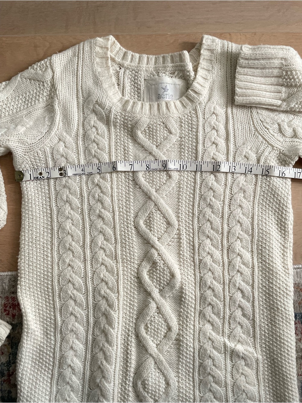 AERIE Cream Cable-Knit Wool Blend Crewneck Sweater - Picture 6 of 7